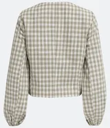 Campera de algodón con estampado cuadrille en tonos verde claro y blanco. Presenta cuello redondo, cierre frontal con botones, mangas largas con puños elásticos y bolsillos frontales tipo parche.