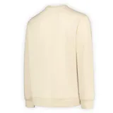 Buzo de cuello redondo en color beige, confeccionado en tejido polar fleece. Presenta un diseño minimalista con puños y cuello acanalados, destacando el logo de la marca estampado verticalmente en color naranja en el lateral inferior.