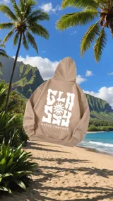 Hoodie color marrón con estampado en la espalda que dice "Glassy Waves Company" con un sol en el medio.