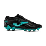 Championes de fútbol Joma Powerful 2501, color negro con detalles en turquesa. Diseñados para césped natural duro, con capellada de material sintético PVC, lengüeta liviana, cordones clásicos y talonera EXO COUNTER.