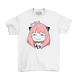 Remera blanca de manga corta y cuello redondo con diseño estampado en el centro del personaje Anya Forger de la serie Spy x Family, acompañada de la inscripción 'Heh'.