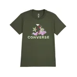 Remera verde militar de algodón con estampado del logo de Converse con flores y estrellas.