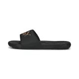 Chinelas Puma Cool Cat 2.0 negras con logo de la marca en color cobre.