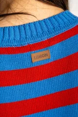Sweater de punto con diseño de rayas horizontales en azul y rojo, cuello redondo y puños con terminación en color marrón.