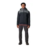 Campera impermeable Columbia modelo Glennaker Lake Jkt Omni-Shield, en color negro y gris, con capucha ajustable que se guarda en el cuello, cierre frontal y bolsillos con cierre.