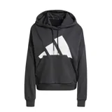 Canguro Adidas de mujer con capucha ajustable y bolsillo frontal tipo canguro. Presenta un diseño holgado con el logo de la marca estampado en gran tamaño en la parte frontal.