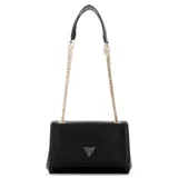 Cartera Guess modelo Noelle II de color negro, confeccionada en poliuretano con textura saffiano. Cuenta con solapa frontal con cierre magnético y detalle del logo triangular metálico en tono dorado. Posee una correa de hombro combinada de material sintético y cadena metálica dorada.