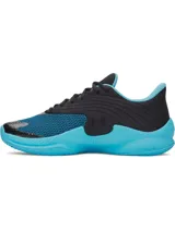 Championes de básquetbol Under Armour Curry Splash 26, con diseño en tonos azul y negro. Presentan una parte superior de tejido transpirable con refuerzos de TPU, cuello acolchado para mayor soporte y amortiguación reactiva UA HOVR. Incluyen el logo de Curry en color naranja en el lateral y suela de goma resistente con patrón de tracción para diversas superficies.