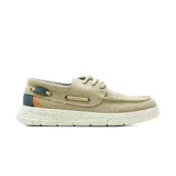 Zapato casual Hanker estilo náutico para hombre, confeccionado en lona color beige con cordones, suela blanca con efecto moteado y detalles en azul y marrón en el talón.
