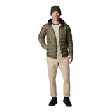 Campera técnica Columbia con capucha, color verde oliva. Presenta tecnología HeatSeal™ con construcción sin costuras, forro termorreflectante Omni-Heat™ y aislamiento de plumón de 650 fill power. Incluye cierre frontal completo, bolsillos laterales con cremallera y ribetes elásticos en puños, dobladillo y capucha.