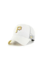 Gorra tipo trucker de la marca 47, con corona estructurada blanca, visera curva y panel trasero de malla. Presenta el logo de los Pittsburgh Pirates bordado en el frente en color amarillo con borde negro.