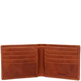 Billetera Hush Puppies de cuero marrón graso, diseño plegable horizontal con costuras a tono y logo grabado en la esquina inferior derecha.