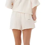 Short de dama color crudo, con cintura elastizada y cordón ajustable. Presenta un bordado con motivos florales en los laterales.