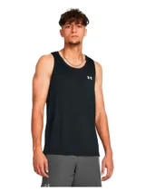 Musculosa deportiva Under Armour Launch Singlet de color negro, confeccionada en tejido suave, ligero y transpirable con tecnología que absorbe el sudor. Presenta cuello redondo, diseño sin mangas y el logo reflectante de la marca en el pecho.