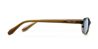 Lentes de sol con montura ovalada de acetato en color mostaza y cristales polarizados en tono celeste.