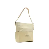 Cartera al hombro color beige con textura simil cuero de reptil en la parte inferior y asa trenzada.