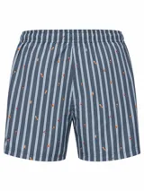 Short de baño con diseño de rayas diagonales anchas en color marrón y beige, cintura elástica con cordón de ajuste blanco y bolsillos laterales.