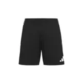 Short deportivo Adidas Tiro 25 Competición, color negro con tres tiras blancas en los laterales y logo blanco en la pierna derecha.