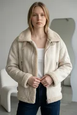 Campera estilo aviador tipo gamulán en color crudo, confeccionada en material efecto gamuza con interior y detalles en corderito sintético. Presenta cierre frontal, bolsillos laterales con cierre, cuello con solapas y correas ajustables en los laterales y cuello.