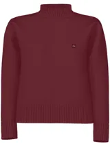 Sweater de punto color borgoña con cuello alto y logo de Calvin Klein bordado en el pecho.