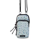 Bolso porta celular con cierre frontal, compartimentos internos para tarjetas y bolsillo trasero. Incluye correa elástica regulable y desmontable.