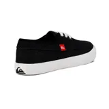 Zapatillas Quiksilver modelo New Port para hombre, de lona color negro con suela y cordones blancos, y etiqueta roja lateral con el logo de la marca.