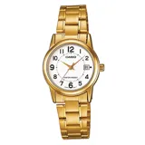 Reloj análogo Casio para mujer, con caja y correa de acero inoxidable color dorado. Esfera blanca con números arábigos y manecillas doradas, e incluye visor de fecha a las 3.