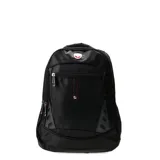 Mochila ejecutiva de color negro, confeccionada en material resistente con múltiples compartimentos y bolsillos exteriores con cierre. Presenta detalles en costuras rojas y un emblema metálico en la parte superior.