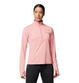 Remera de manga larga Columbia modelo Summit Valley, color rosado, con cuello alto y cierre frontal parcial. Cuenta con tecnología de secado rápido, protección solar y tejido refrescante. Incluye aberturas para los pulgares en los puños.