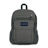 Mochila JanSport color gris con múltiples bolsillos y compartimentos, incluyendo funda interna para laptop de 15 pulgadas. Tiene una capacidad de 27 litros y un peso de 300 gramos.
