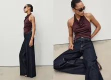 Pantalón de jean tiro alto con corte culotte y pernera ancha. Presenta cierre frontal con cremallera y botón, trabillas para cinturón, bolsillos traseros y bajo con acabado deshilachado.
