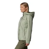 Campera impermeable Columbia modelo Arcadia II, color verde claro, con capucha ajustable, cierre frontal con solapa, bolsillos laterales con cremallera y forro interior de malla.
