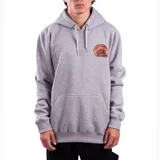 Canguro con capucha gris de corte clásico, con bolsillo frontal tipo canguro y cordones ajustables. Presenta un parche estampado en el pecho con el logo de Independent Truck Co. en color naranja.