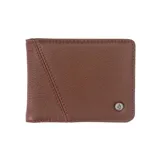 Billetera plegable de cuero marrón con diseño de costura diagonal y logo metálico de Volcom en la esquina inferior derecha.