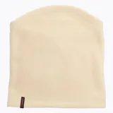 Cuello térmico de polar color beige, modelo Neck Warmer de la marca Merrell, diseñado para proteger del frío con una suave textura y etiqueta lateral con el logo.