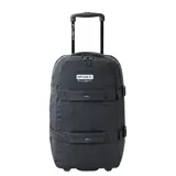 Bolso de viaje con ruedas Rip Curl F-Light Transit 45L, color negro con logo blanco. Cuenta con manija telescópica y correas de ajuste laterales.
