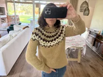 Sweater tejido a mano con diseño de canesú estampado en tonos marrón, crema y verde sobre base color tostado. Presenta cuello redondo, puños y ruedo acanalados.