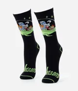 Medias de caña larga color negro con estampado de los personajes de Los Supersónicos en la parte superior y el logo de la serie en el empeine en color verde neón.