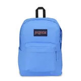 Mochila JanSport SuperBreak Plus color celeste, con compartimento interno para laptop y bolsillo lateral para botella.