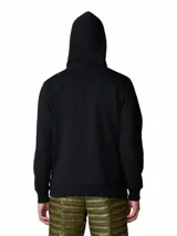 Buzo tipo canguro con capucha y bolsillo frontal, color negro con estampado gráfico blanco en el pecho que incluye el logo y nombre de la marca.
