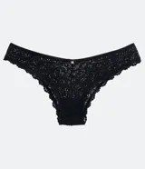 Bombacha de bikini color beige con encaje floral y moño decorativo.