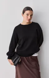 Sweater negro de tejido suave con escote redondo, mangas largas y calce relajado, con terminaciones acanaladas en cuello, puños y ruedo.