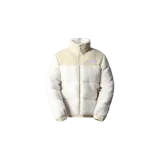 Campera The North Face High Pile 600 Fill Recycled Waterfowl Down Nuptse Jacket, color blanco y beige, de diseño acolchado con cuerpo de corderito sintético y canesú superior liso. Cuenta con cierre frontal y cuello alto.