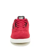 Championes Cat modelo Pause Retro, de diseño minimalista con estética vintage. Confeccionados en gamuza roja con detalles en negro, cuentan con suela de goma blanca texturizada y logo de la marca en el lateral y la lengüeta.