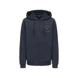 Campera con capucha y cierre frontal, color azul marino, con logo circular de la marca estampado en el pecho y bolsillos tipo canguro.