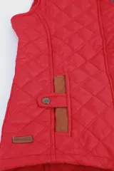 Chaleco capitoneado color rosa con cuello alto, cierre frontal con botones a presión y bolsillos laterales. Presenta un diseño acolchado con costuras en forma de rombos.
