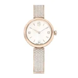 Reloj de pulsera con caja redonda dorada y brazalete metálico dorado adornado con cristales. La esfera es blanca con el logo del cisne a las 12 y tres cristales cuadrados como marcadores de índice. Es sumergible hasta 50 m.