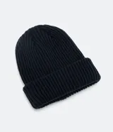 Gorro de lana acrílica negro con textura acanalada y borde plegado.
