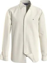 Camisa de hombre Tommy Hilfiger de corte regular, color crema con microestampado de puntos y logo bordado en el pecho.