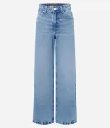 Pantalón de jean premium de tiro medio con corte wide leg, de color azul, con pretina con pasacintos y bolsillos funcionales.